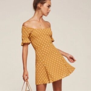 Reformation Polka Dot Mini Dress Mustard Yellow Puff Sleeve Smocked Waist size 0